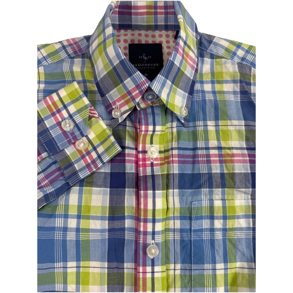 Tailorbyrd Boys Green Blue Pink‎ Plaid Stretch Button Down Shirt Size 10